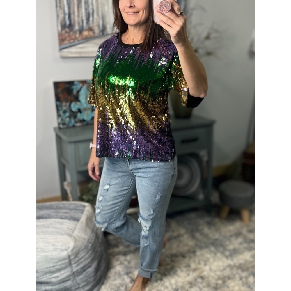 Mardi Gras Sequined Ombre Short Sleeves Cropped Parade Purple Green Gold 0923 - Picture 7 of 9